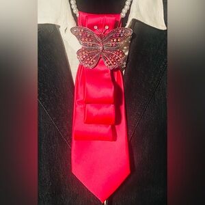 Elegant Red Satin Bow Tie with Butterfly Brooch